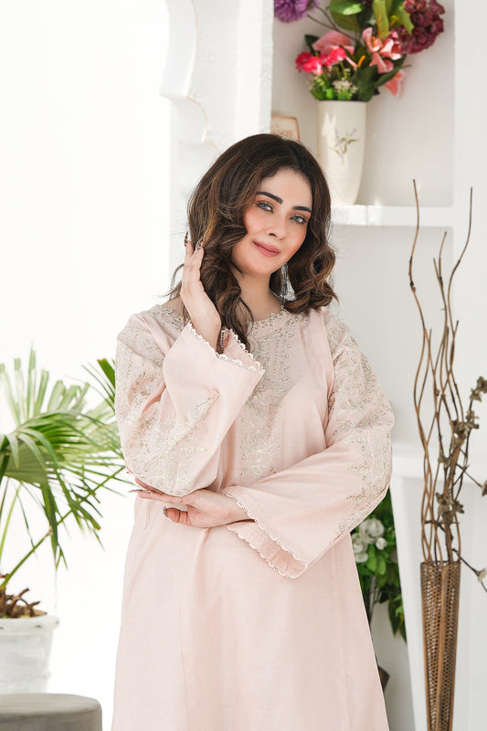 Front view of dusty rose embroidered 2Pc lawn dress