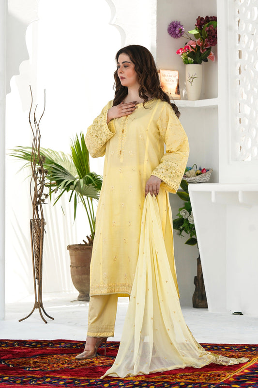 Soft yellow long-paneled embroidered shirt with detailed border and lace design