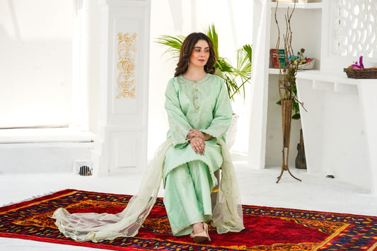 Close-up of neckline and embroidered sleeves of Plant Foam 3Pc lawn dress with stylish button embellishments