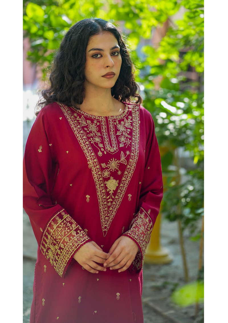 Red Royal 2Pc - Embroidered Viscose Dress