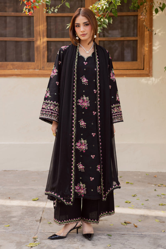 Black Pink - 3Pc - Embroidered Premium Lawn Dress