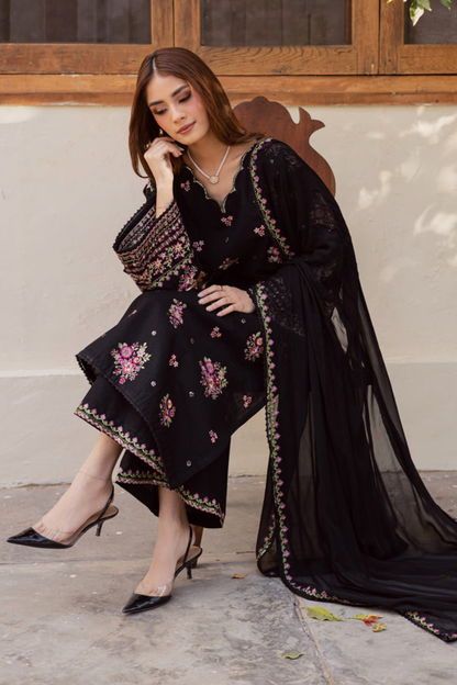 Black Pink - 3Pc - Embroidered Premium Lawn Dress