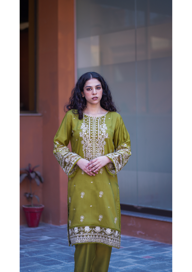 Olive Aura 2Pc - Embroidered Viscose Dress