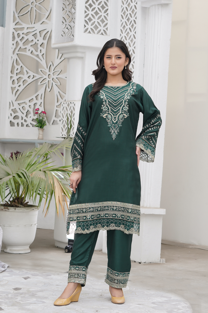 Emerald Hues 2Pc - Embroidered Viscose Dress