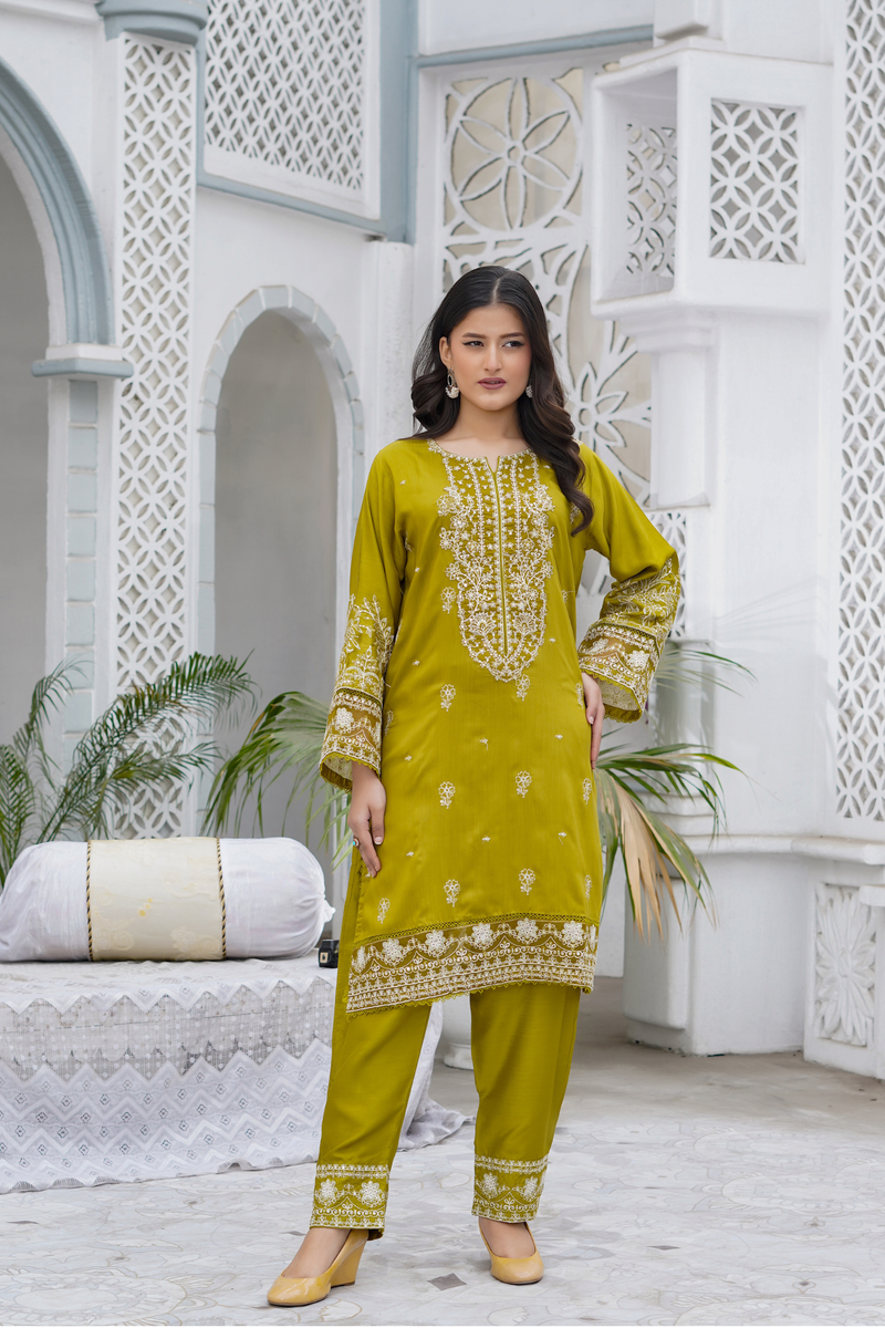 Olive Aura 2Pc - Embroidered Viscose Dress