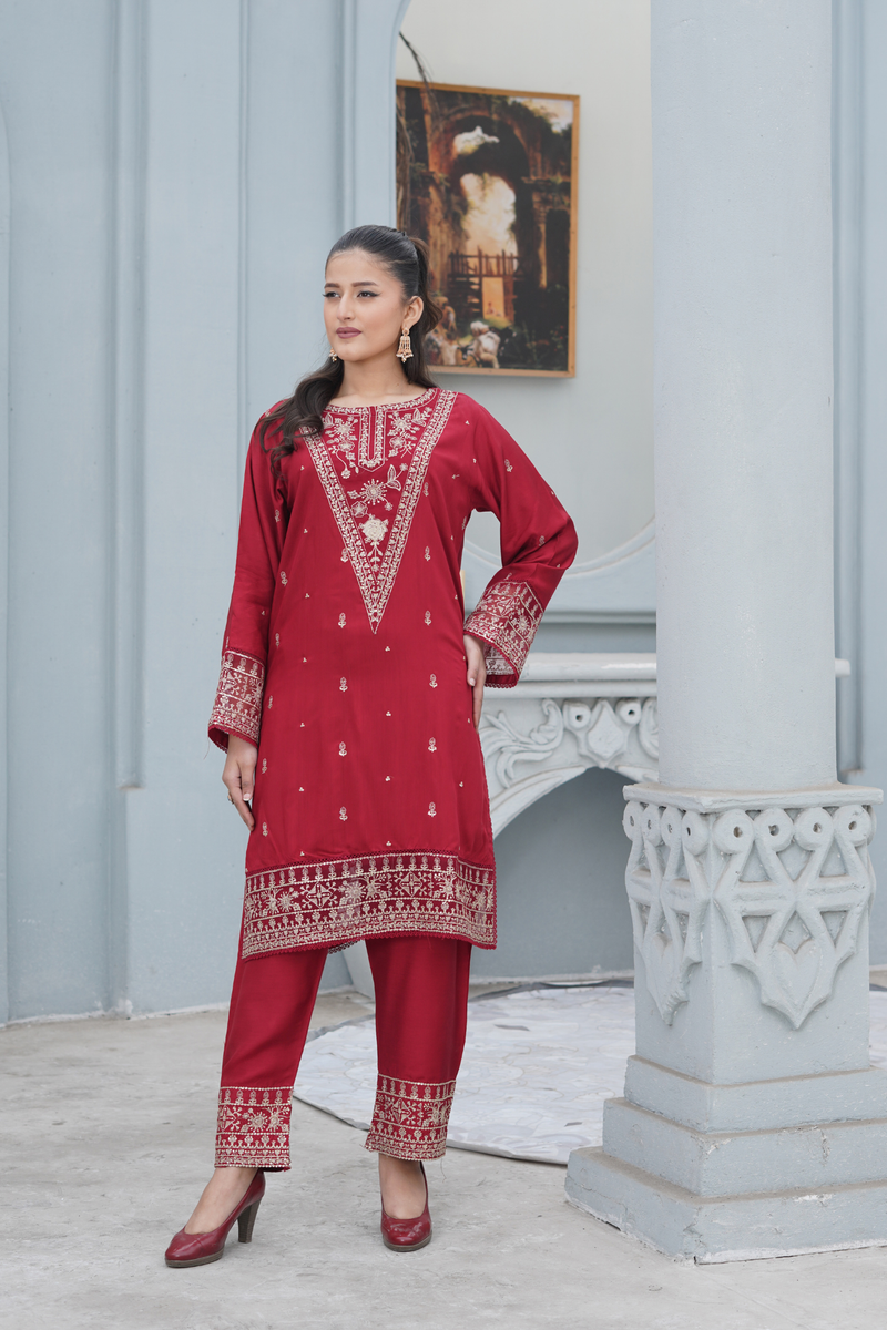Red Royal 2Pc - Embroidered Viscose Dress