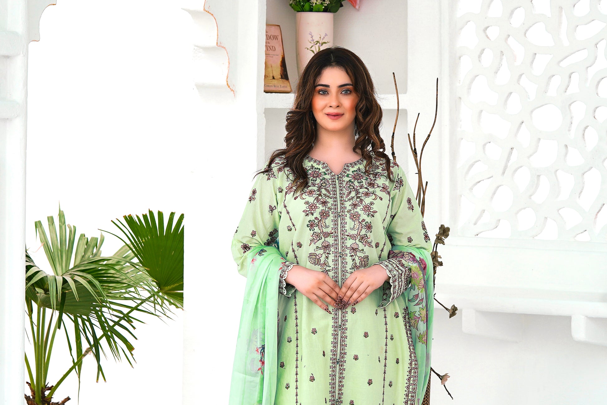 Beetroot embroidered lawn dress with lace details and styling guide