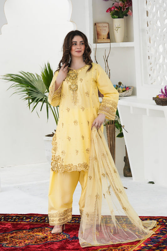 Wester 3Pc embroidered lawn dress in soft yellow front view