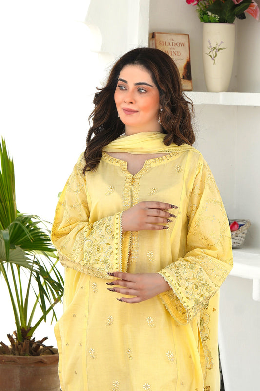 Chowder 3Pc festive luxe pret embroidered lawn suit in soft yellow with crochet lace