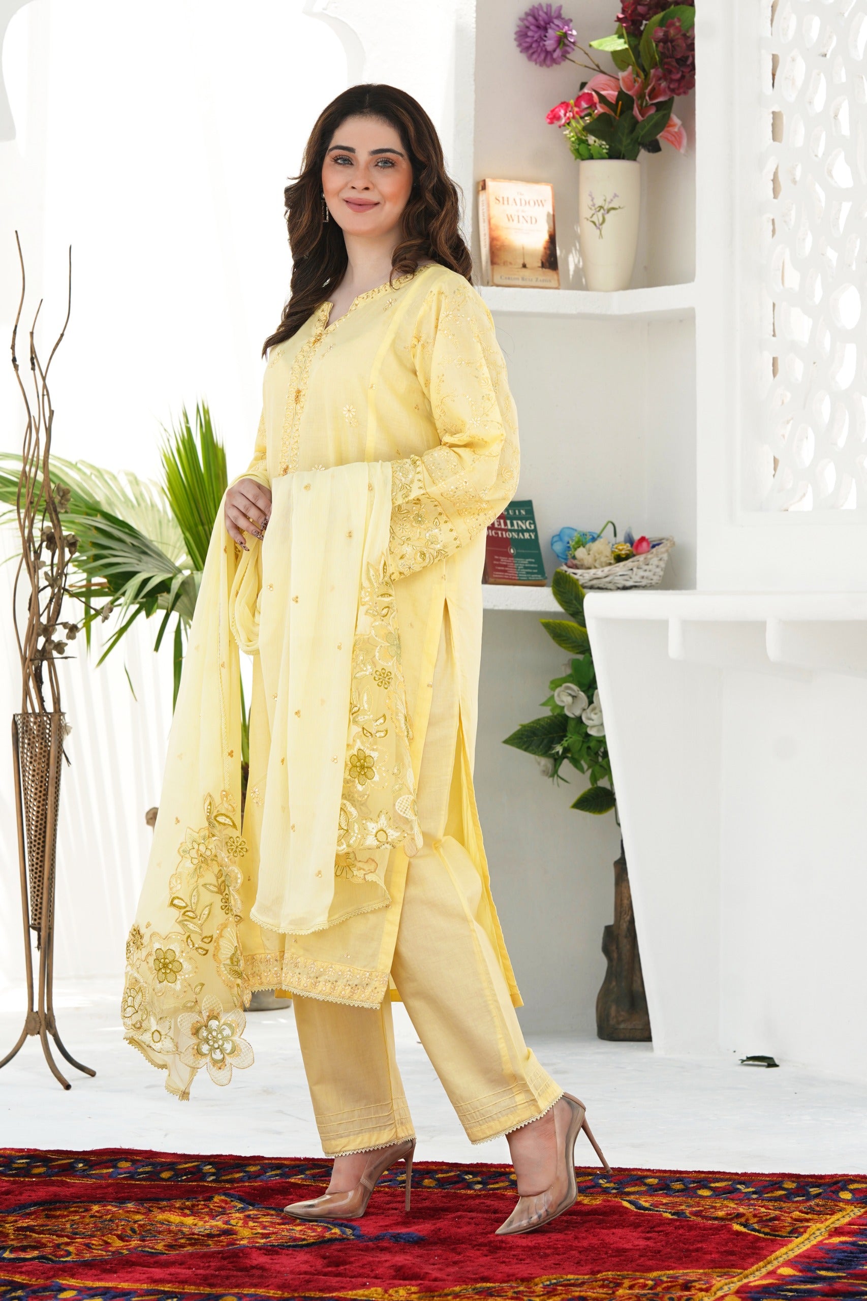 Crinkle dupatta with vibrant organza patch matching embroidery colors of the shirt