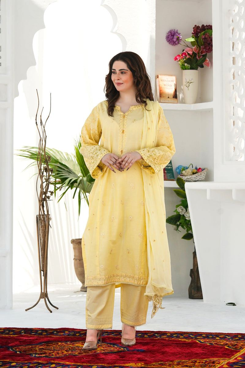 Ready to wear 3 piece lawn outfit with embroidered neckline and colorful sleeve borders