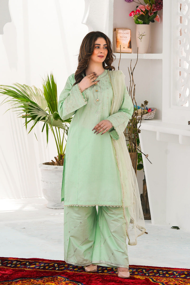 Front view of Plant Foam 3Pc embroidered lawn dress in eggplant color with embroidered shirt and lace details