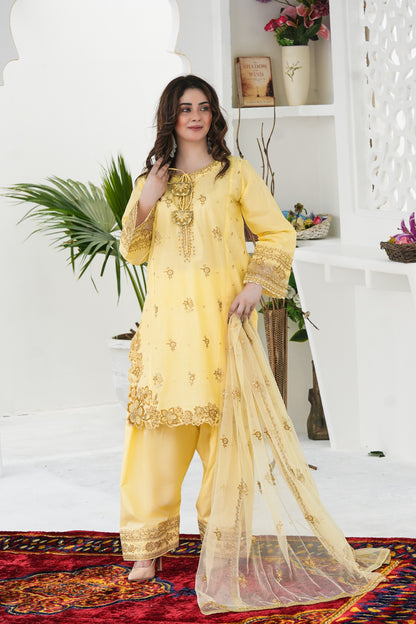Wester 3Pc embroidered lawn dress in soft yellow front view