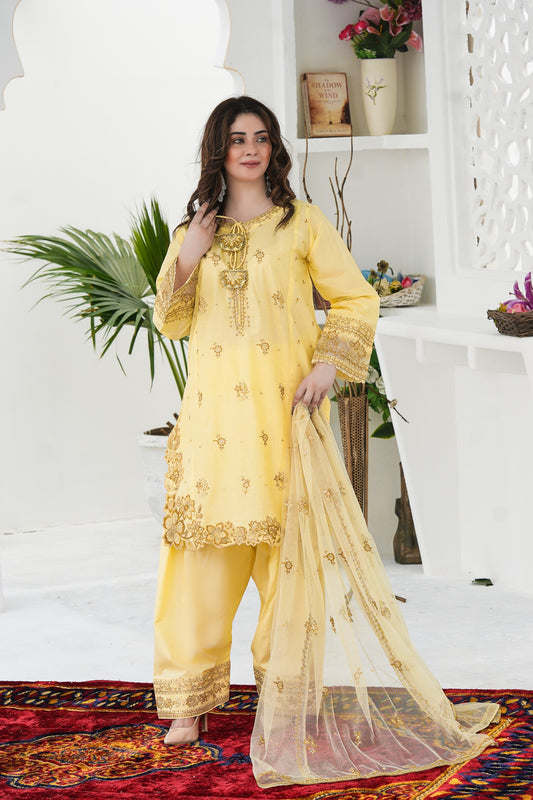 Wester 3Pc embroidered lawn dress in soft yellow front view