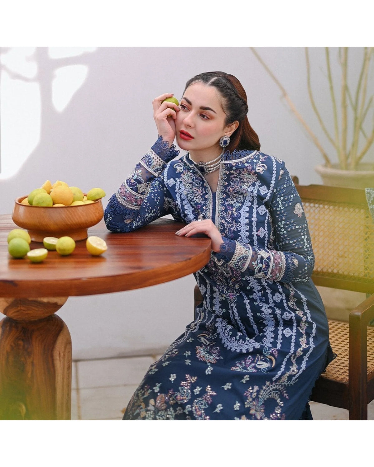Blue Dhanak suit – styled detail