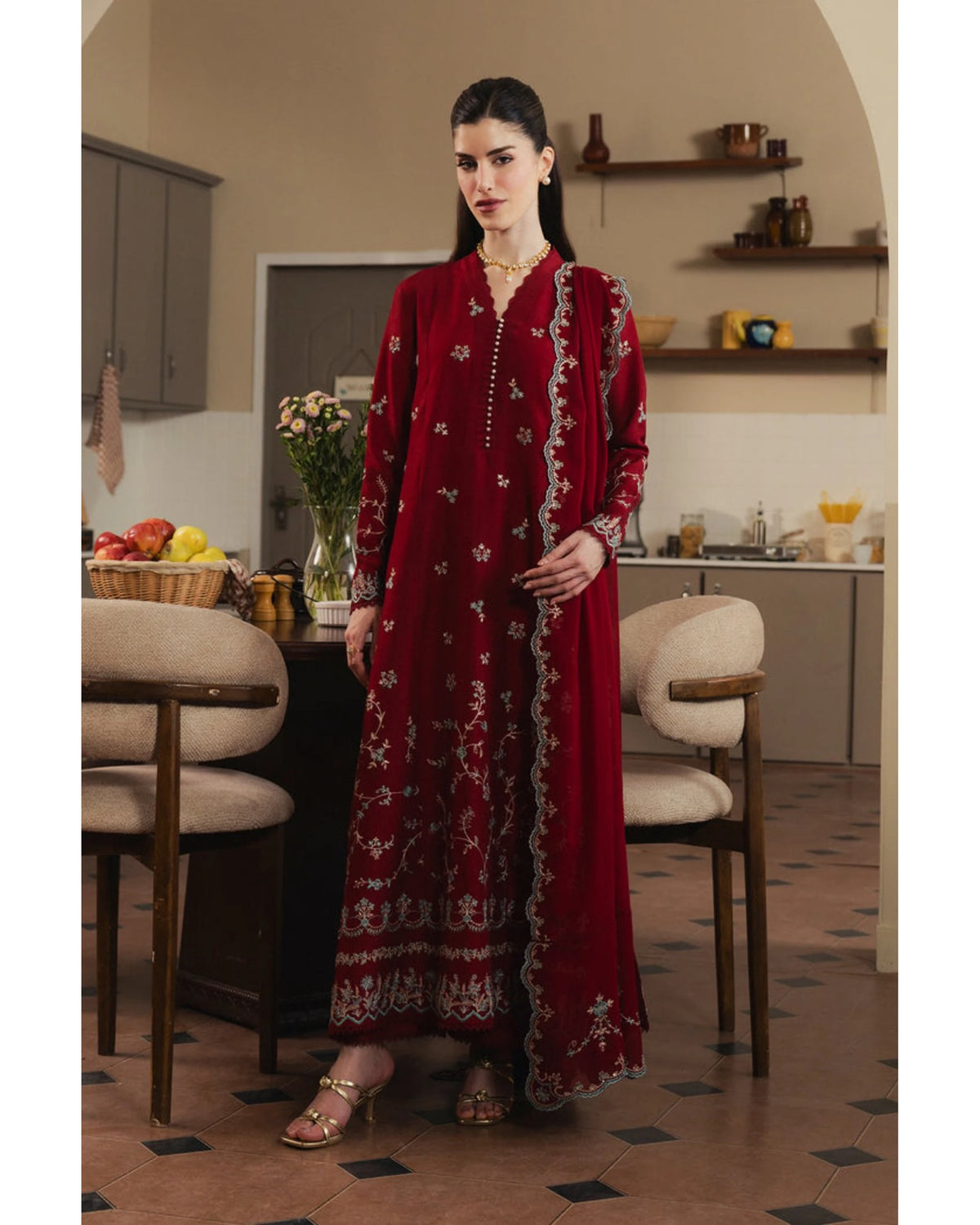 Maroon Dhanak suit – full front view