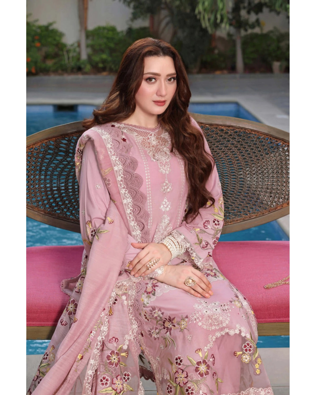 Dusty pink Dhanak suit – seated view